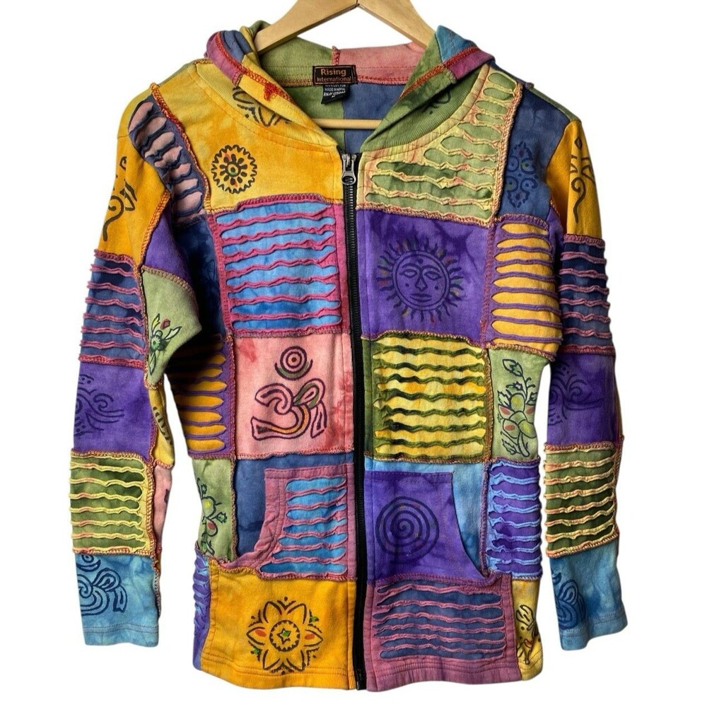 Rising Intl Patchwork Hoodie Jacket Womens M Full Zip Boho Hippie Festival